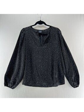 Gap Polka Dot Split Neck Blouse Womens M Puff Long Sleeve Top V-Neck Black White